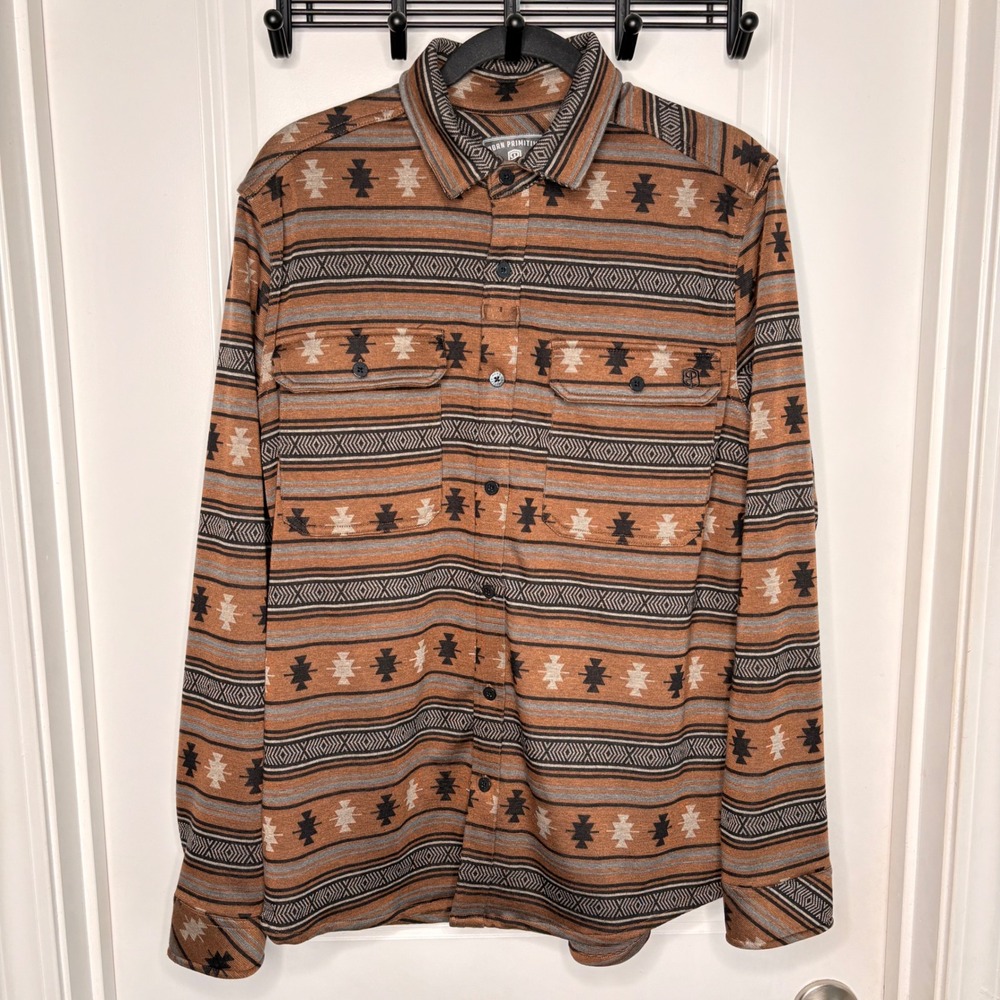 Born Primitive Shirt Mens M Woodsman Stretchy Flannel Brown Southwestern EUC